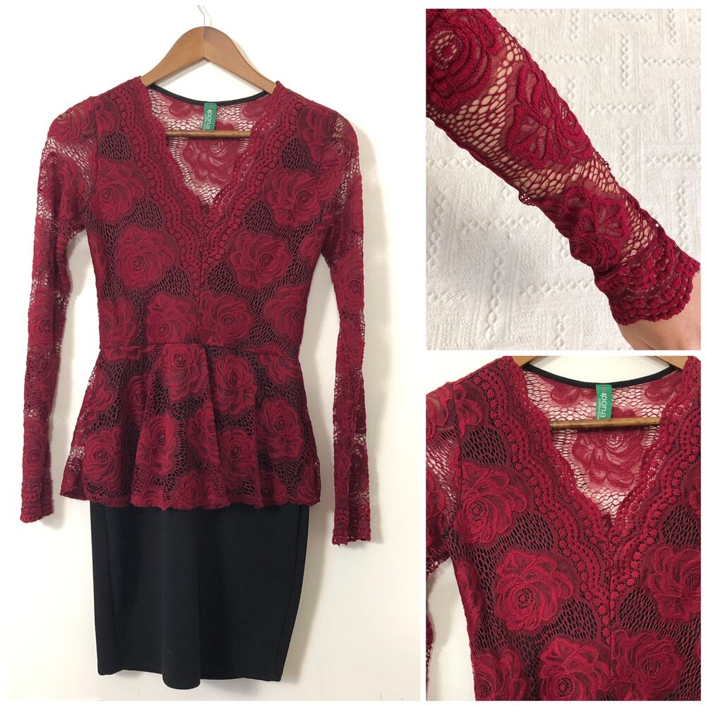 Ipona‎ Collection Burgundy Lace Peplum Mini Dress Rose Dark Romantic Holiday XS